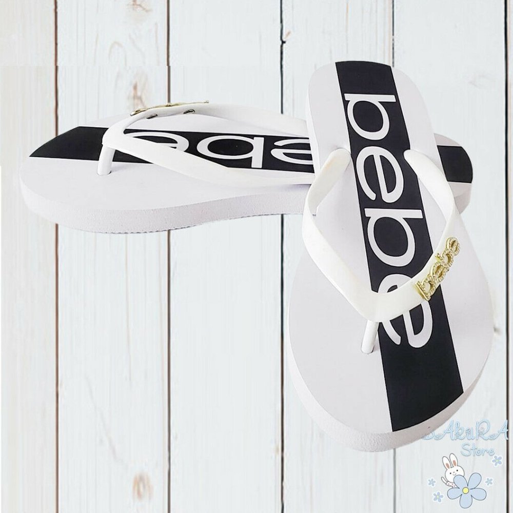 NWT BEBE WOMEN'S WHITE BLACK THONG SLIP ON SANDALS